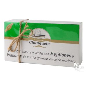 pochas blancas y verdes con mejillones y wakame chanquete