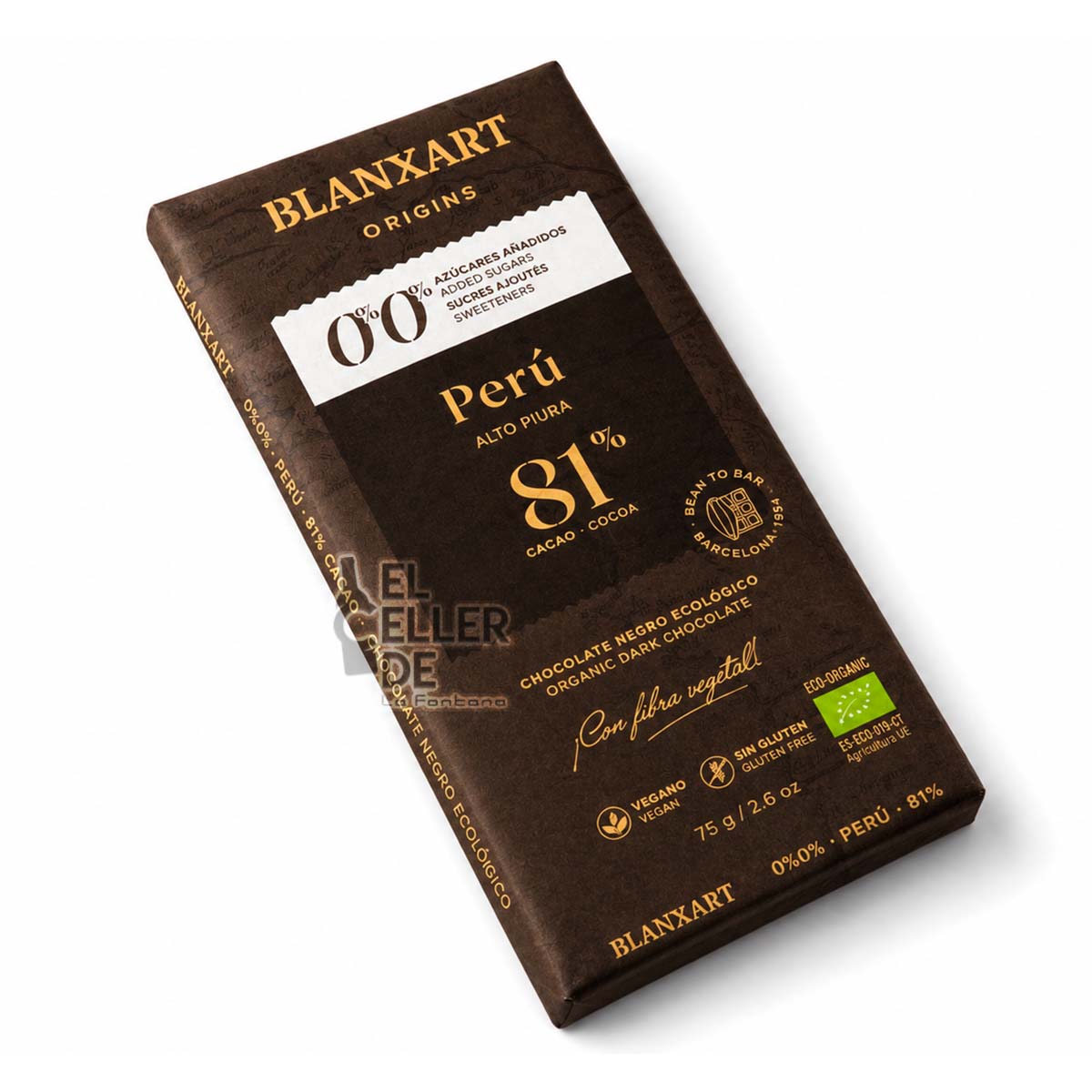 Chocolate Ecológico 81% cacao Perú (75) sin azúcares añadidos El Celler de La Fontana